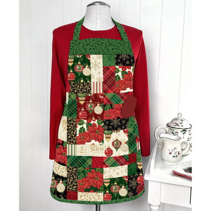 Fun charm pack apron showcasing Christmas prints.