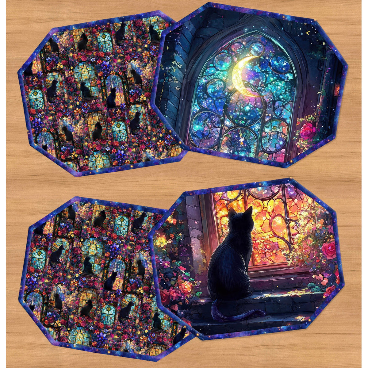 Four octagonal coasters with a dark blue border, arranged on a light wood background. Three coasters feature a repeating pattern of black cats in stained-glass windows, and one coaster shows a black cat sitting in front of a glowing stained-glass window with a crescent moon.