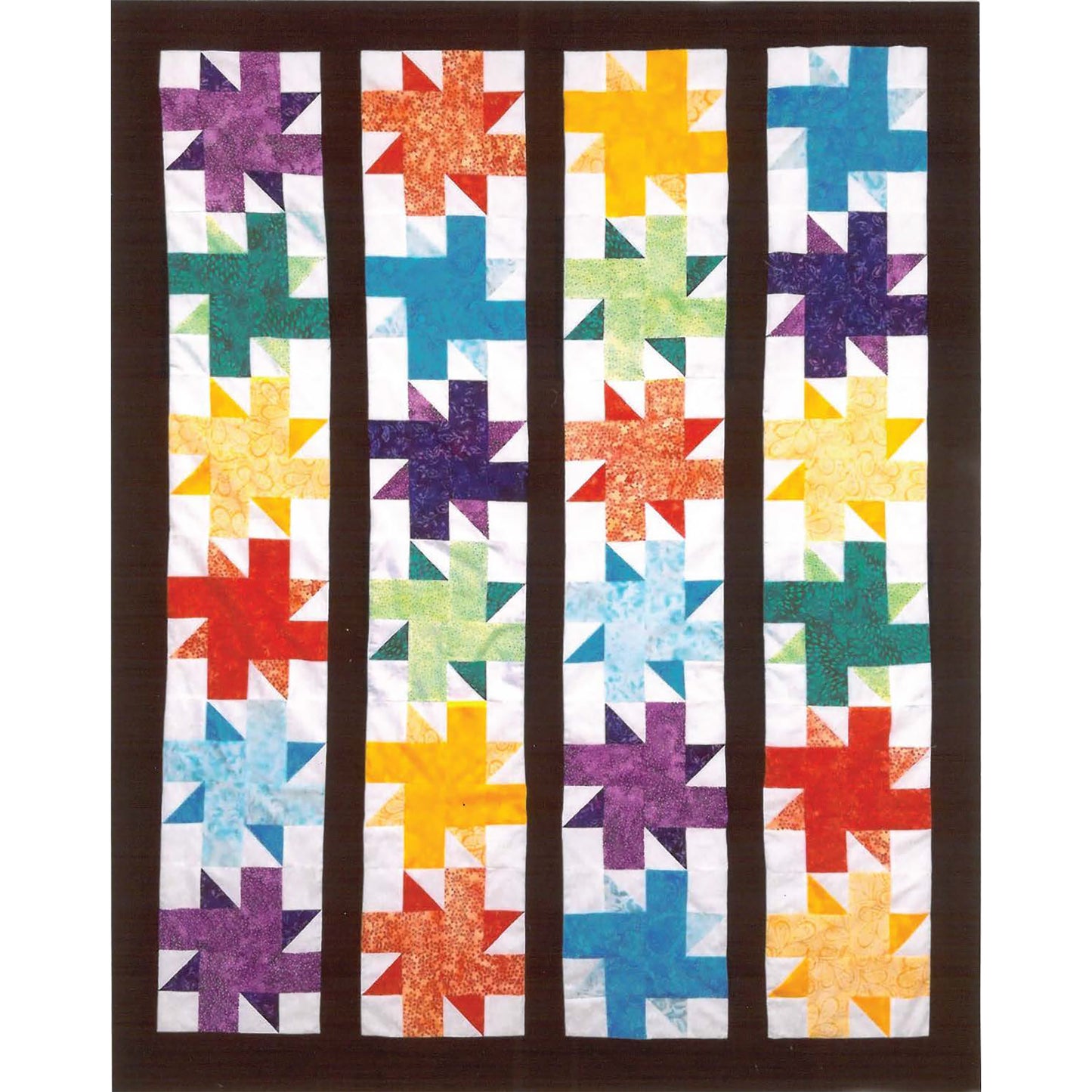 Beautiful, pieced lap/throw quilt with rows of bursting, colorful stars.