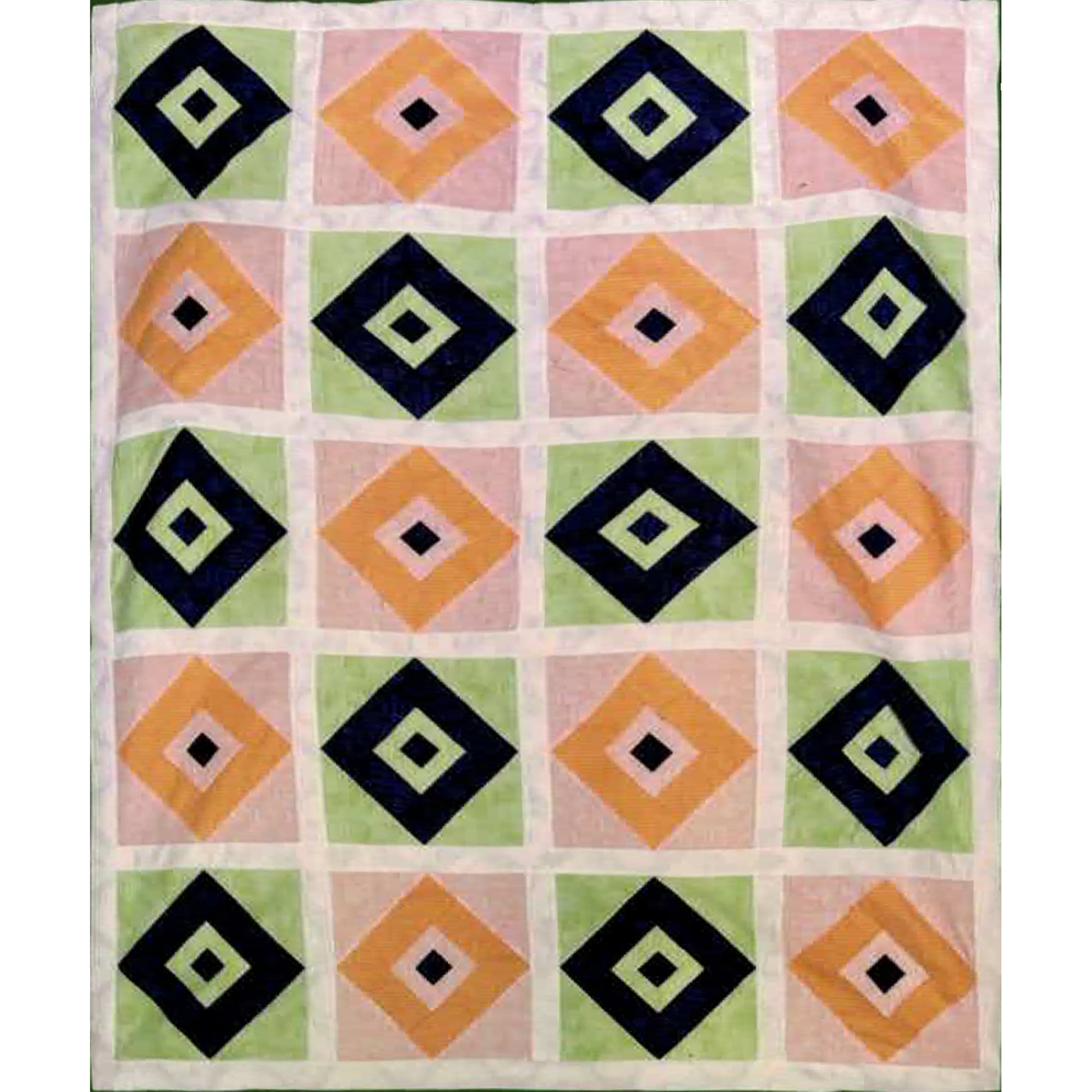 Quilt with geometric diamond pattern on a white background