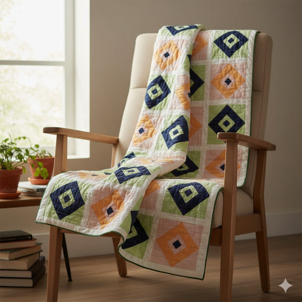 Colorful Let's Dance quilt draped over a chair in a room with a window and books.
