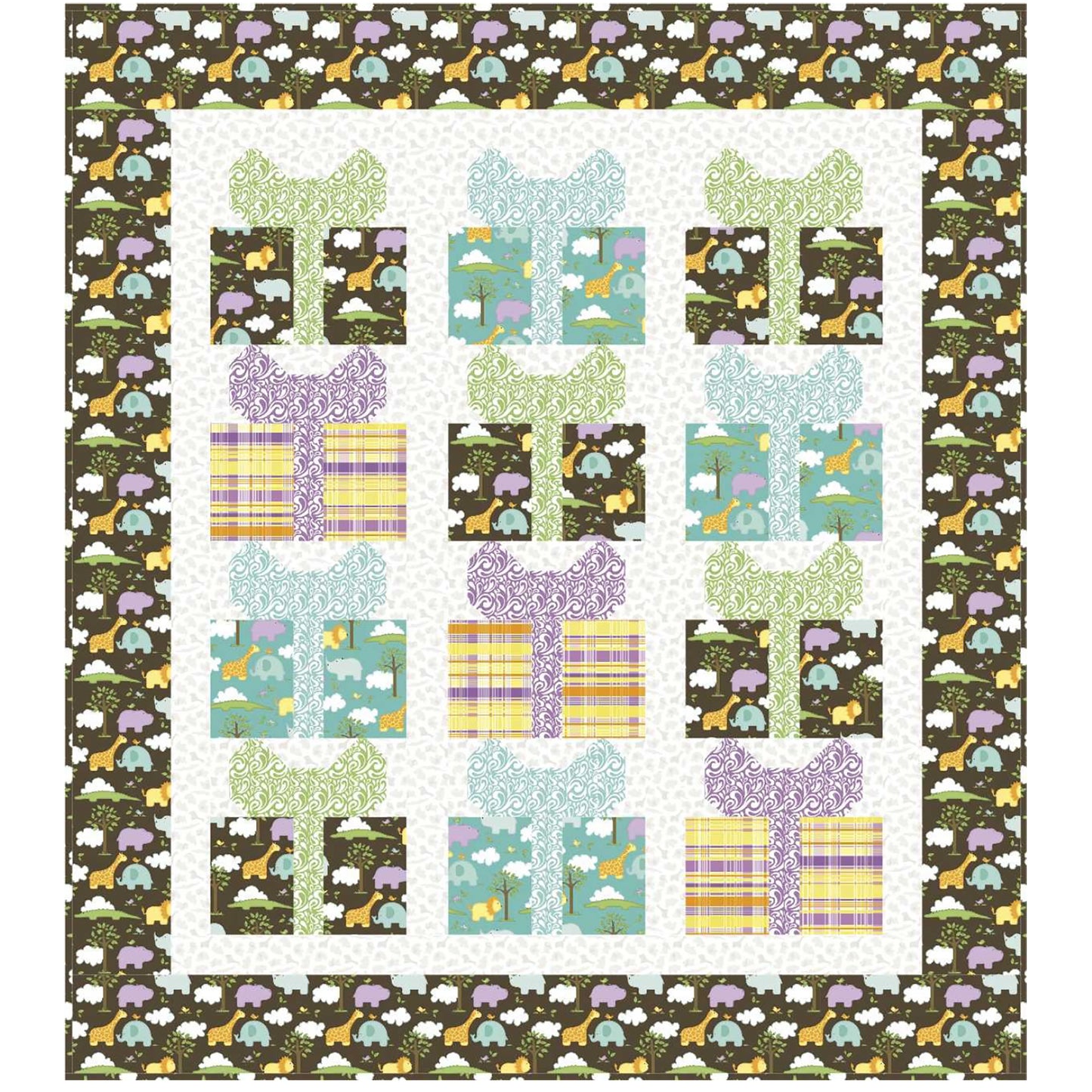 Adorable quilt features packages with bows in fun dinosaur and plaid fabric.