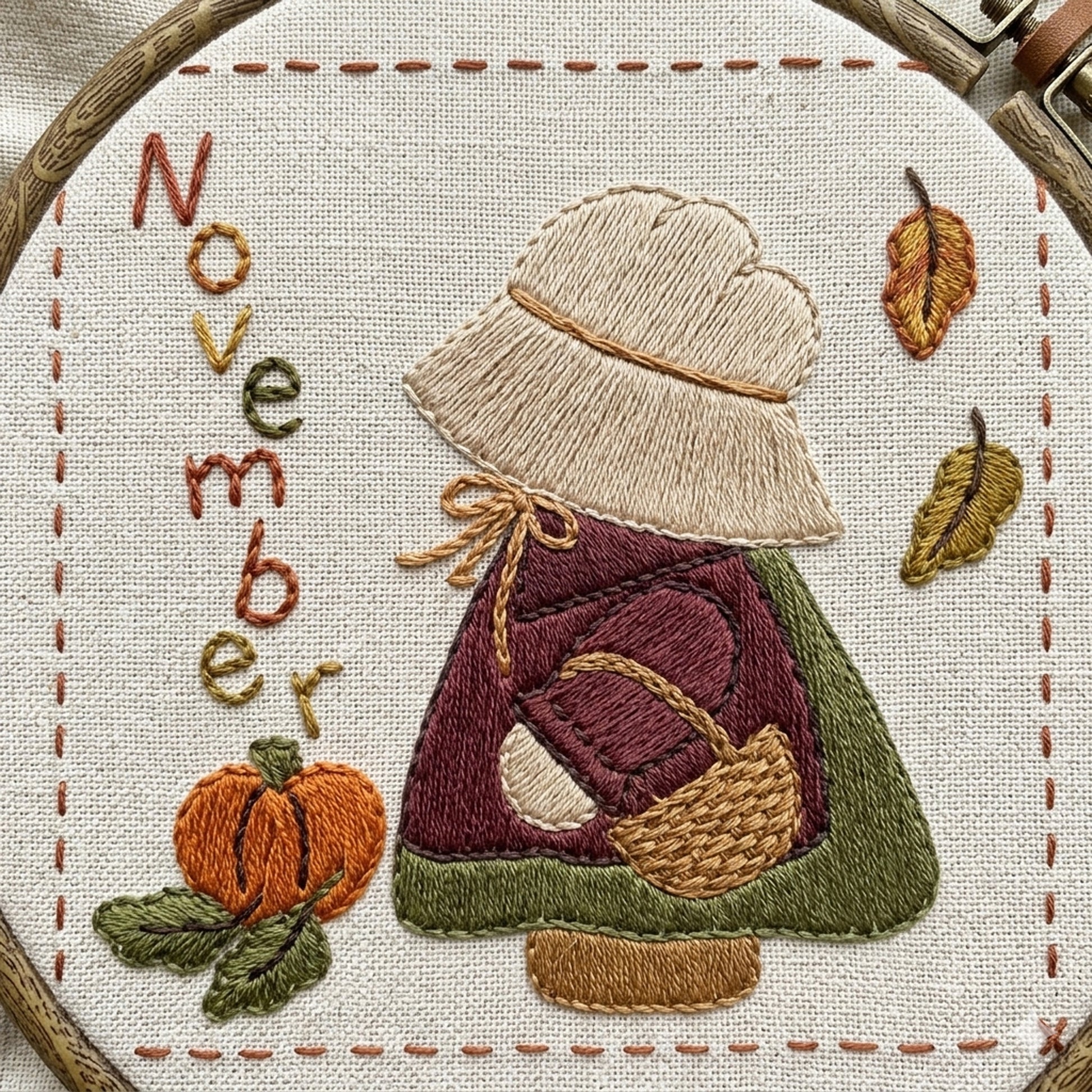 Sunbonnet Sue embroidery design for November featuring Sunbonnet Sue in her pilgrim outfit picking a pumpkin as leaves fall.