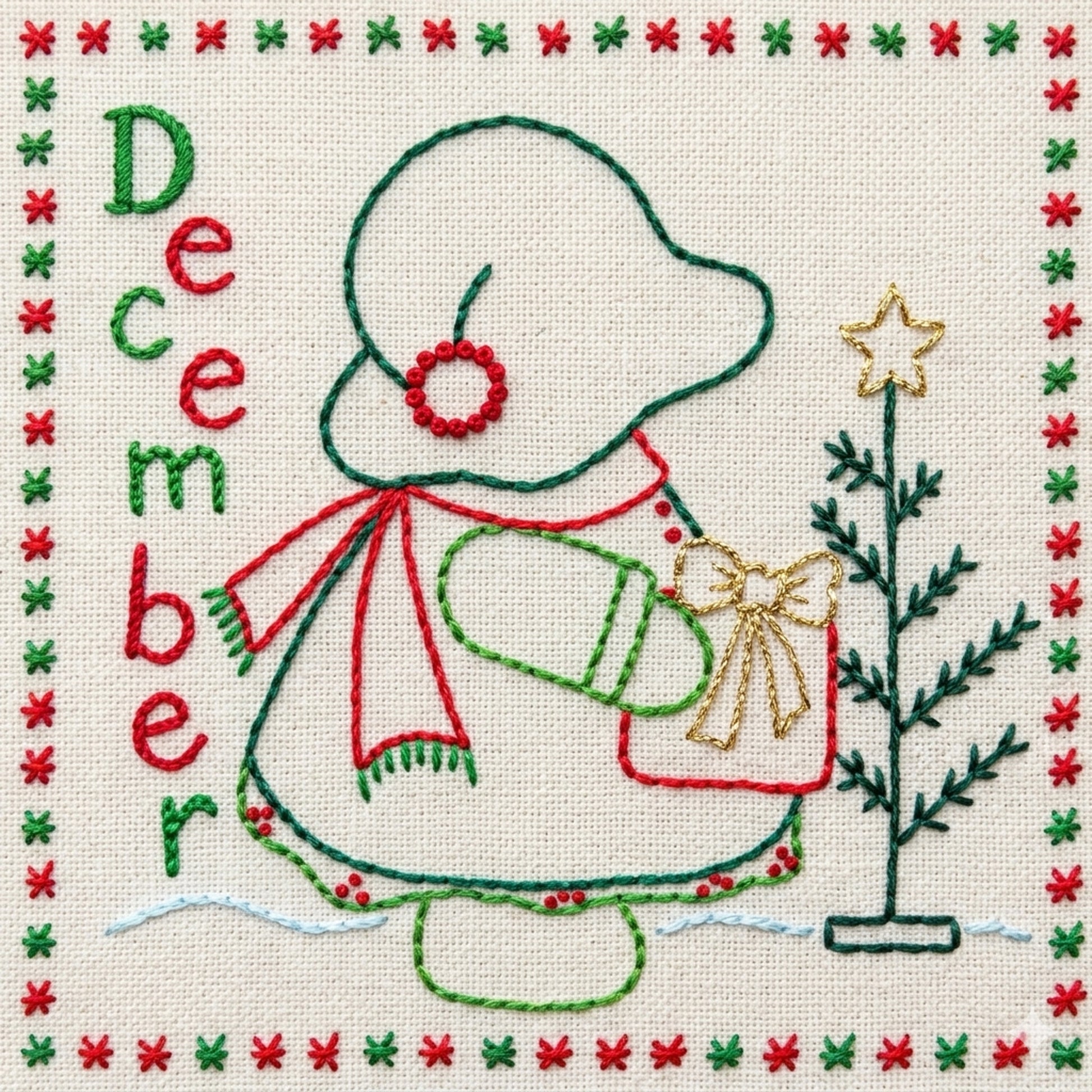 Sunbonnet Sue embroidery design for December featuring a cute Christmas tree with a star on top and a gift.