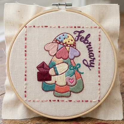 Sunbonnet Sue embroidery design for February featuring love letters and hearts. 