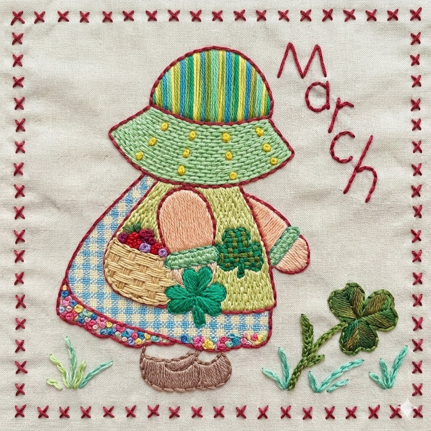 Sunbonnet Sue embroidery design for March featuring shamrocks and a pocketful of flowers.