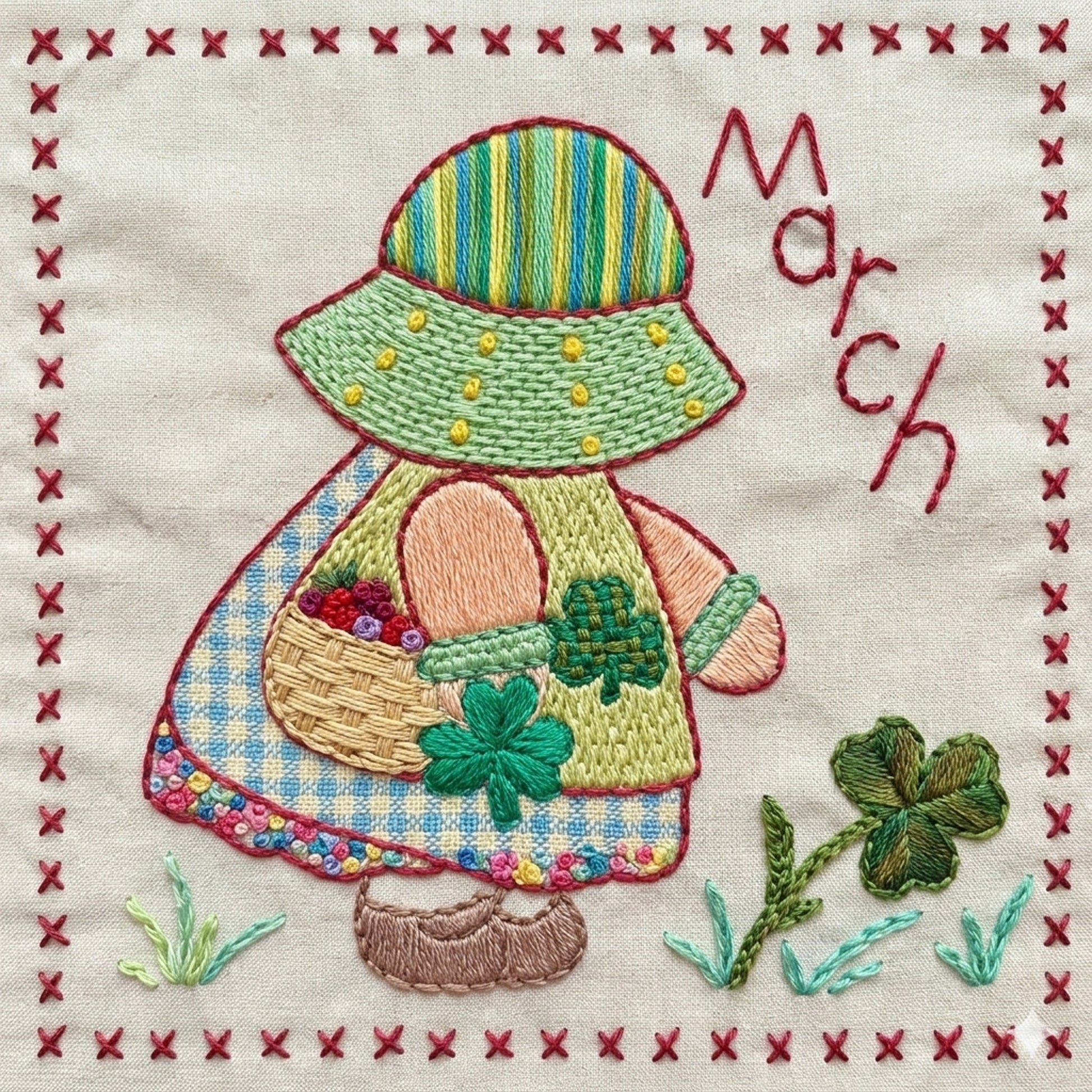 Sunbonnet Sue embroidery design for March featuring shamrocks and a pocketful of flowers.