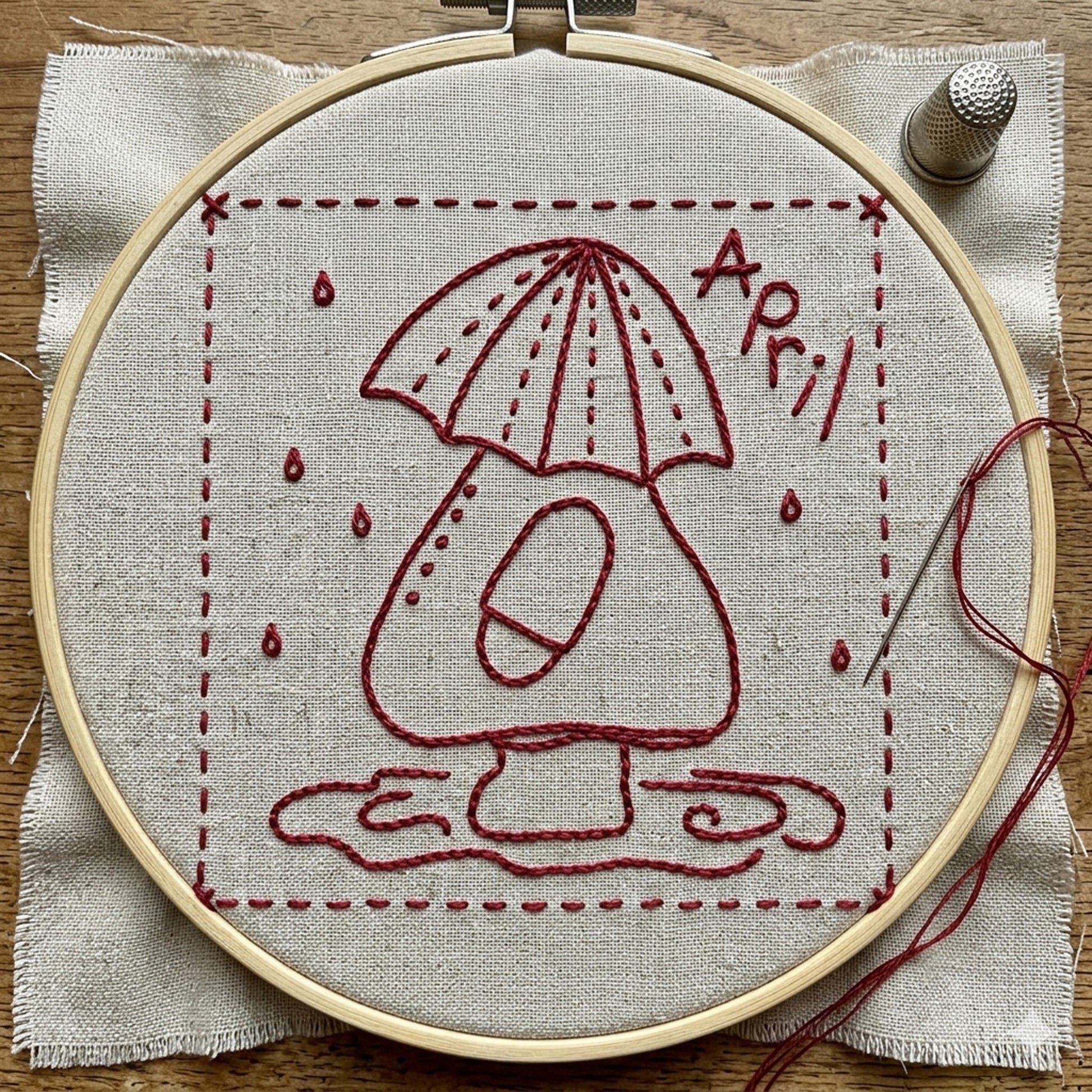 Sunbonnet Sue redwork embroidery design for April featuring an umbrella and rain boots.