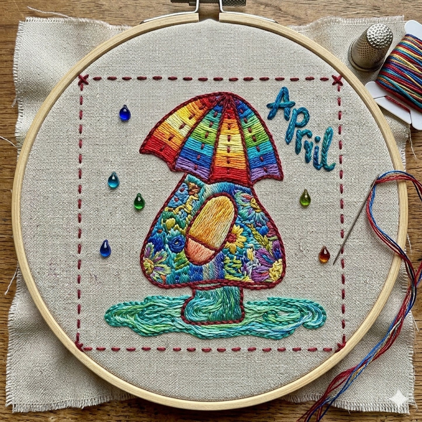 Sunbonnet Sue colorful embroidery design for April featuring rain drops, boots and an umbrella hat.