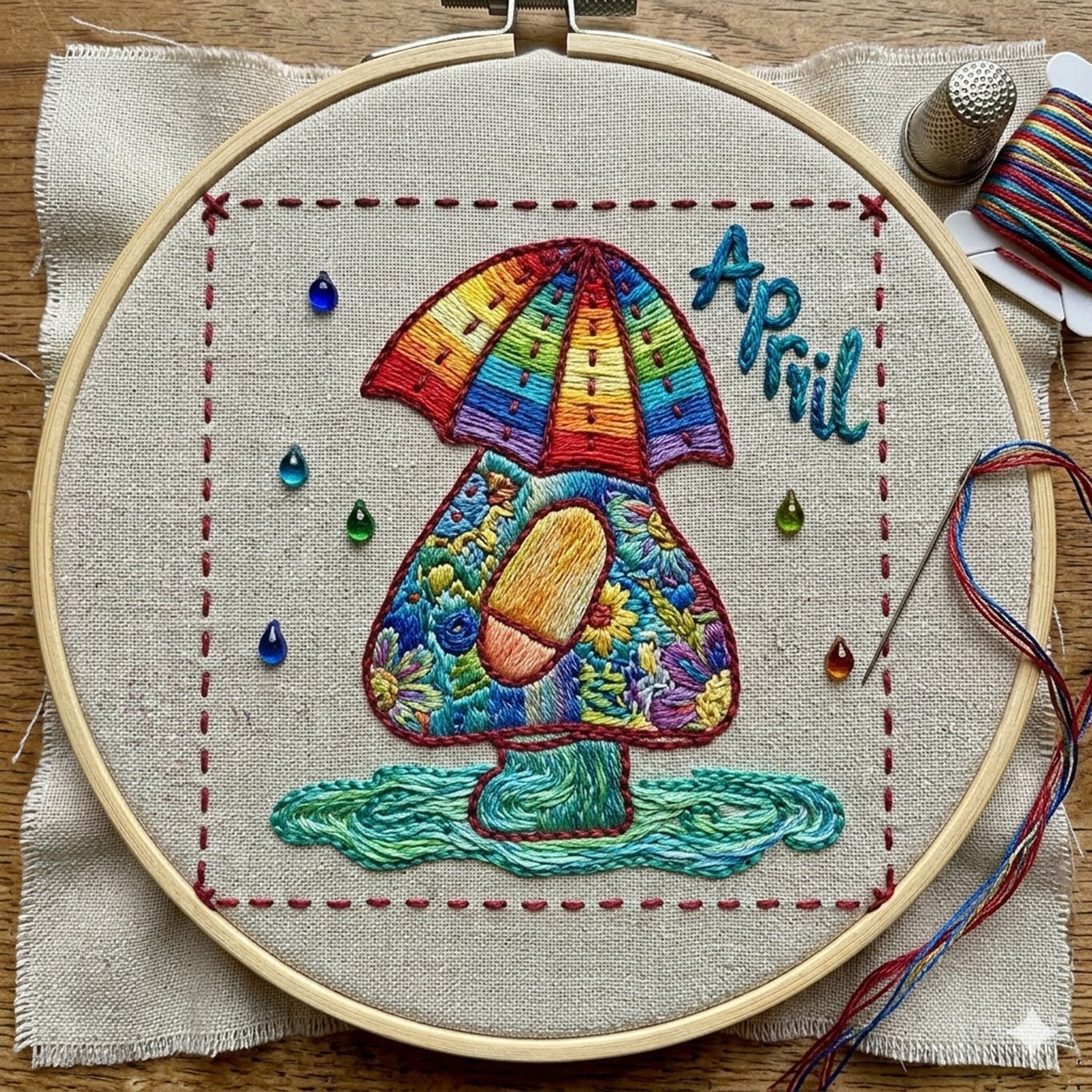 Sunbonnet Sue colorful embroidery design for April featuring rain drops, boots and an umbrella hat.