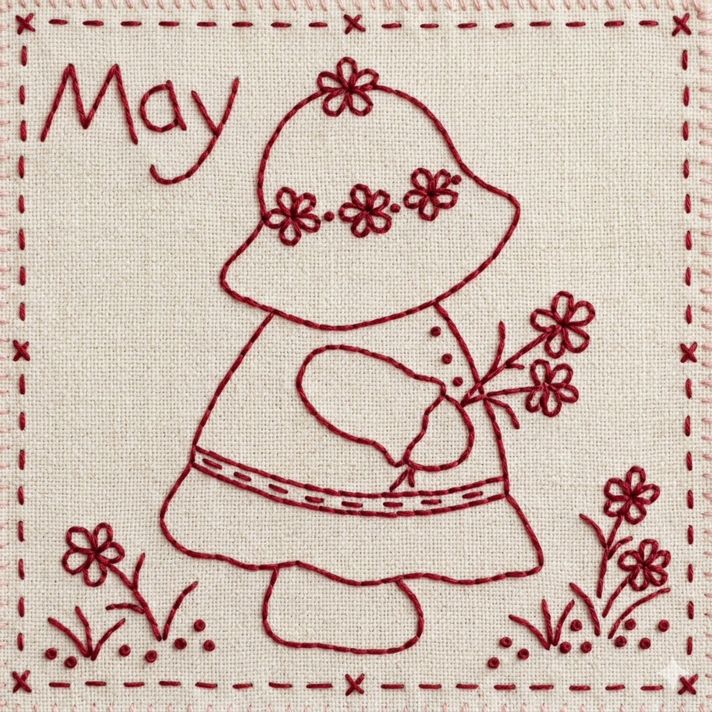 Sunbonnet Sue redwork embroidery design for May featuring Sunbonnet Sue picking a bouquet of flowers.