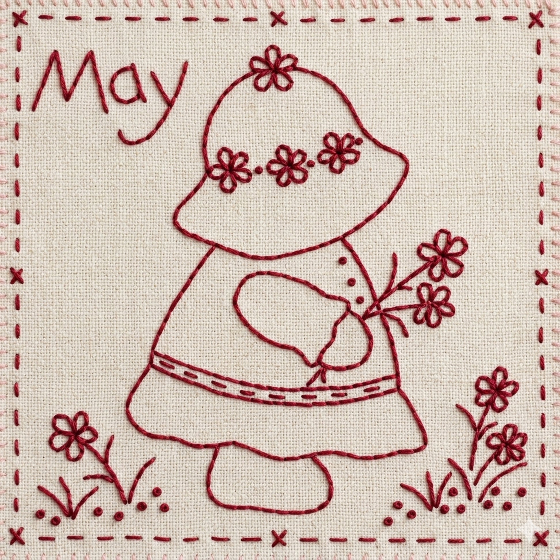 Sunbonnet Sue redwork embroidery design for May featuring Sunbonnet Sue picking a bouquet of flowers.