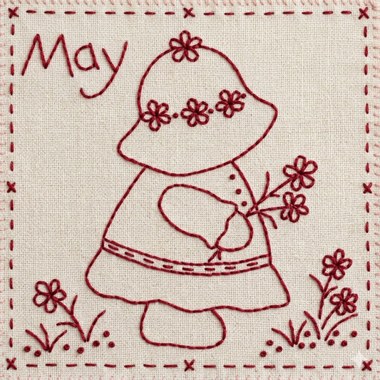 Sunbonnet Sue redwork embroidery design for May featuring Sunbonnet Sue picking a bouquet of flowers.