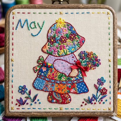 Colorful embroidered Sunbonnet Sue design for May featuring a floral bouquet.