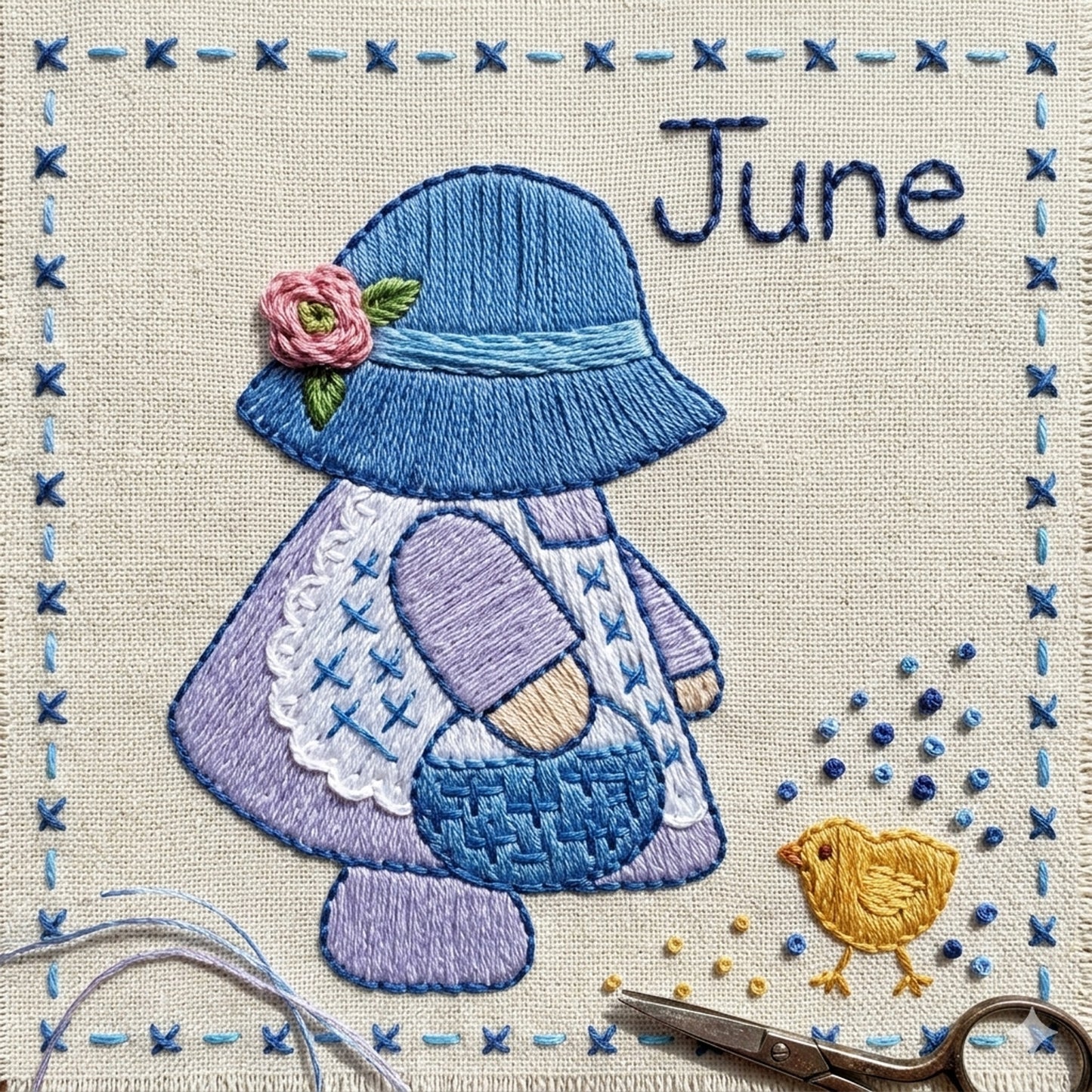 Sunbonnet Sue embroidery design for June that features Sunbonnet Sue with her basket and spreading feed for a cute baby chick.