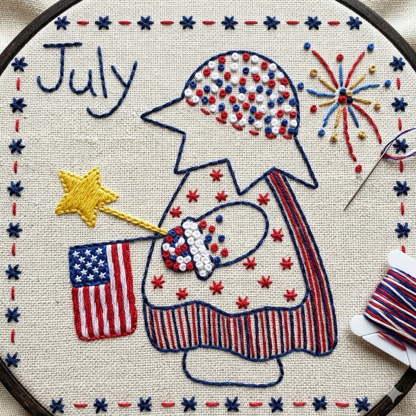 Embroidery on cream fabric, featuring Sunbonnet Sue in a hat holding a star and a small American flag, with the word "July" and a starburst motif.
