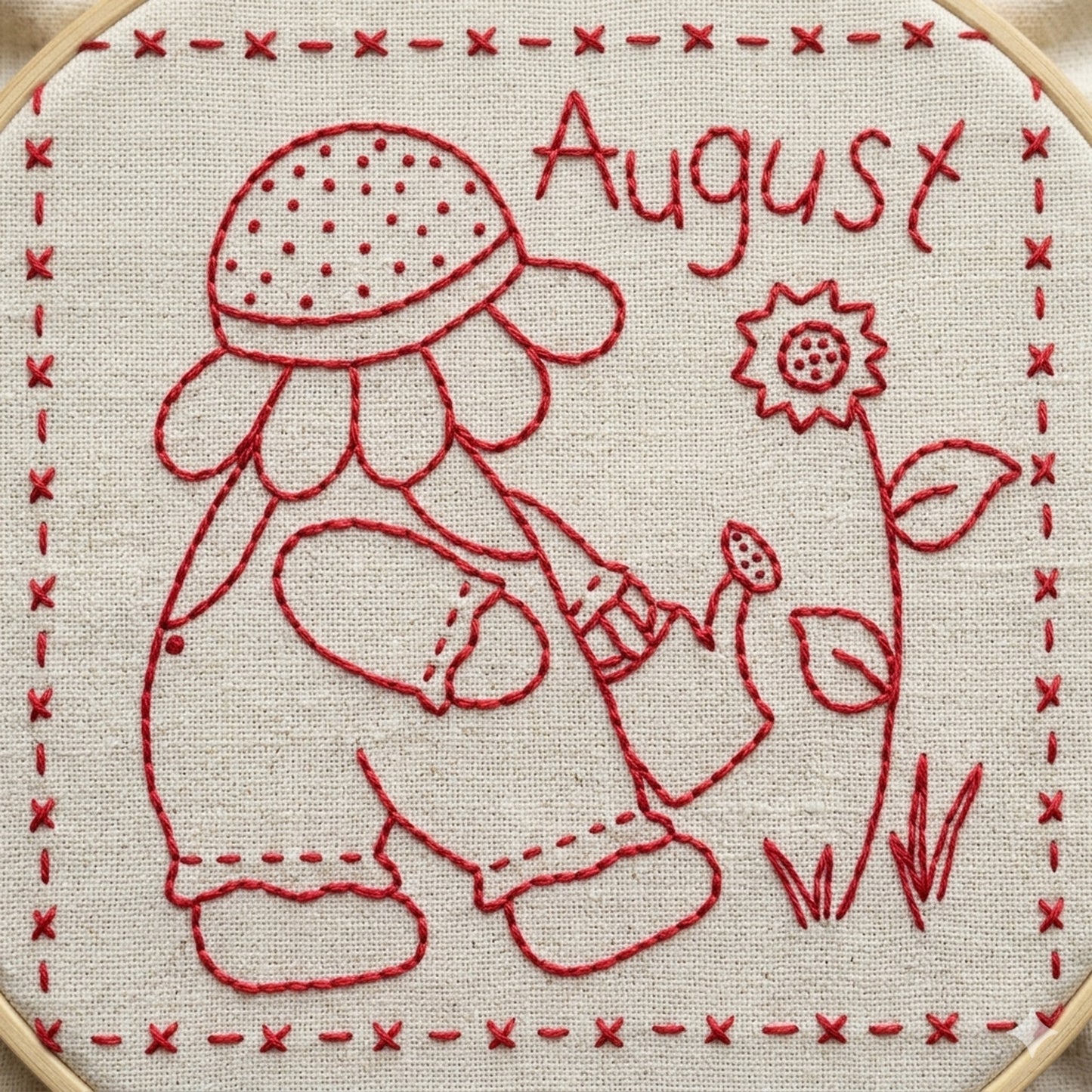 Redwork design featuring Sunbonnet Sue watering flowers while wearing a sunflower hat.