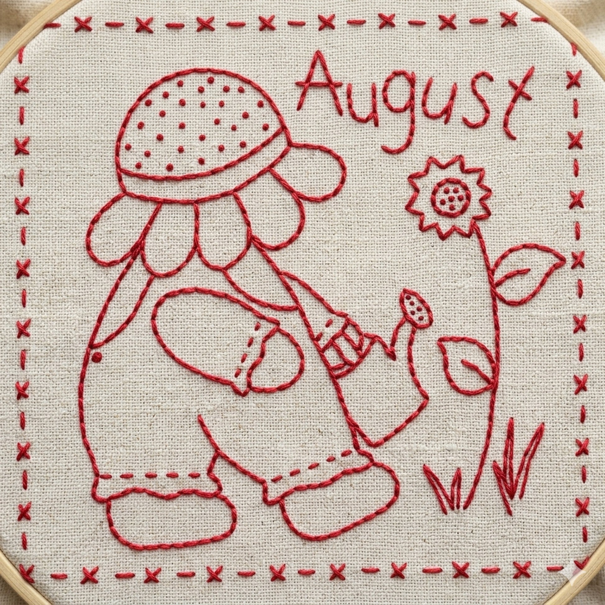 Redwork design featuring Sunbonnet Sue watering flowers while wearing a sunflower hat.
