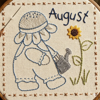 Embroidery design featuring Sunbonnet Sue watering flowers while wearing a sunflower hat.