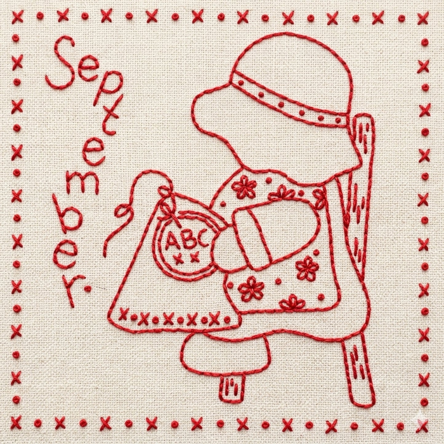 Sunbonnet Sue design in redwork showing Sunbonnet Sue sitting in a chair while she embroiders her ABC's.
