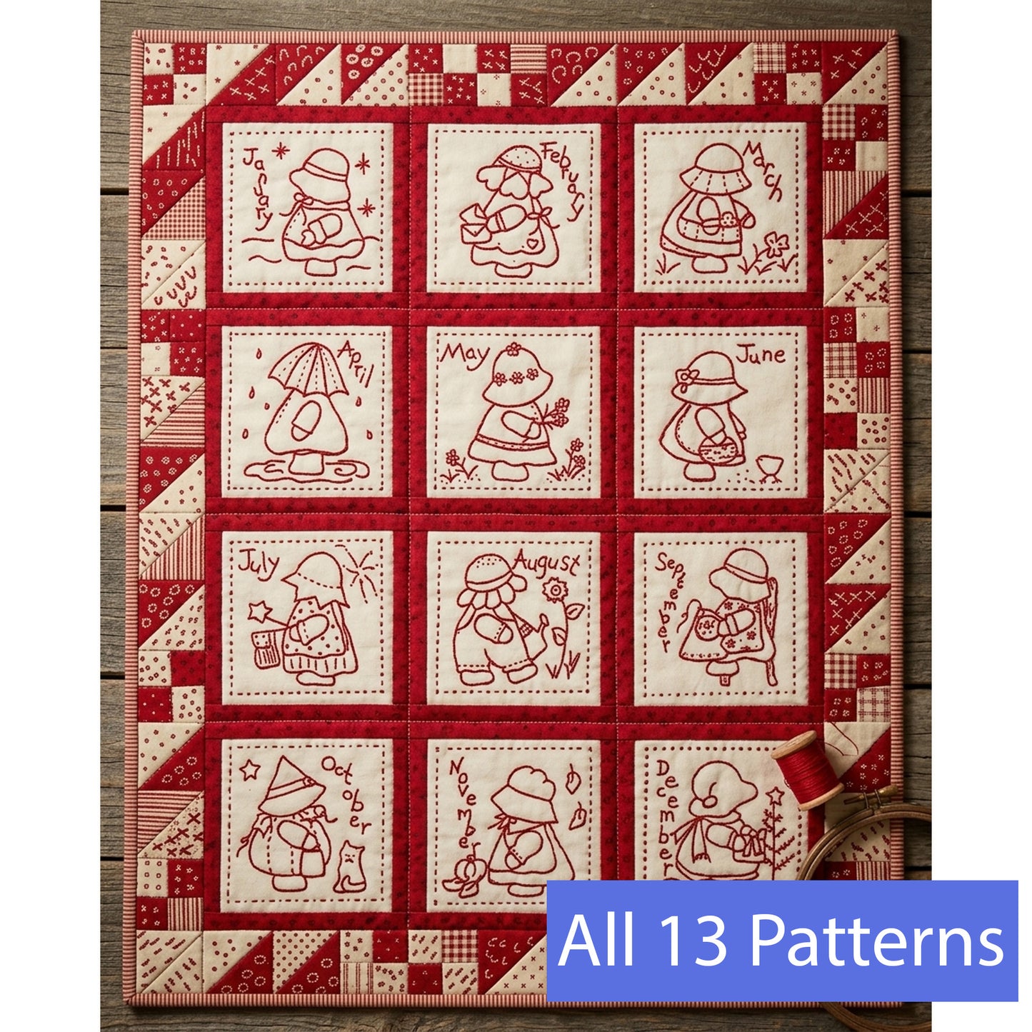 Sunbonnet Sue month-by-month stitchery series wall hanging by Little Quilts featuring 12 themed blocks of redwork framed by a scrappy border.