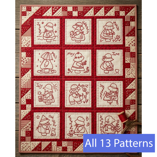 Sunbonnet Sue month-by-month stitchery series wall hanging by Little Quilts featuring 12 themed blocks of redwork framed by a scrappy border.