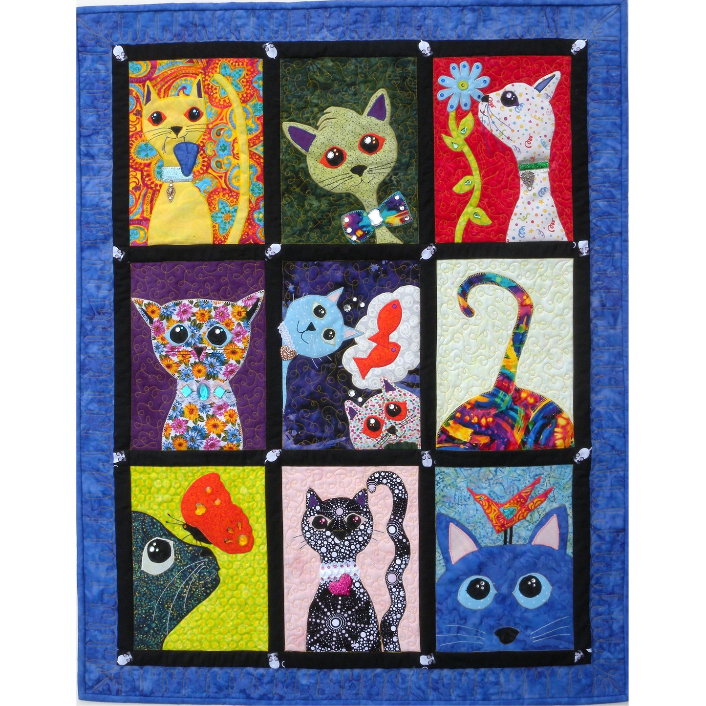 Bright and fun quilt features nine blocks of colorful cats. Here are what is happening in each block. One has a toy mouse in his mouth. Another is wearing a bow tie. One is sniffing a flower. One has big eyes and a collar. Two are thinking about fish. There's a cat tail. A butterfly on a cat's nose. Fancy cat all decked out in black and sparkles. Last cat is looking at a bird on it's head.