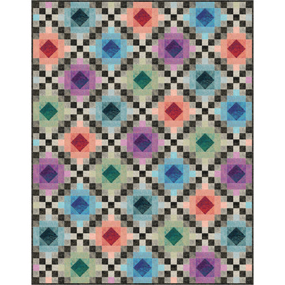 Colorful quilt with squares and diamonds, showcasing intricate patterns and vibrant hues.