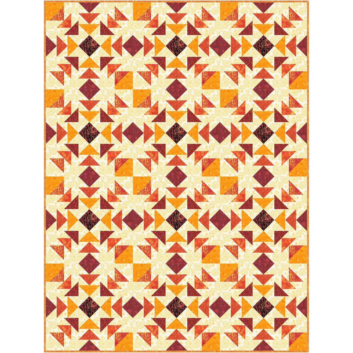 A vibrant quilt featuring a blend of orange, yellow, and brown colors in design of squares and diamonds.