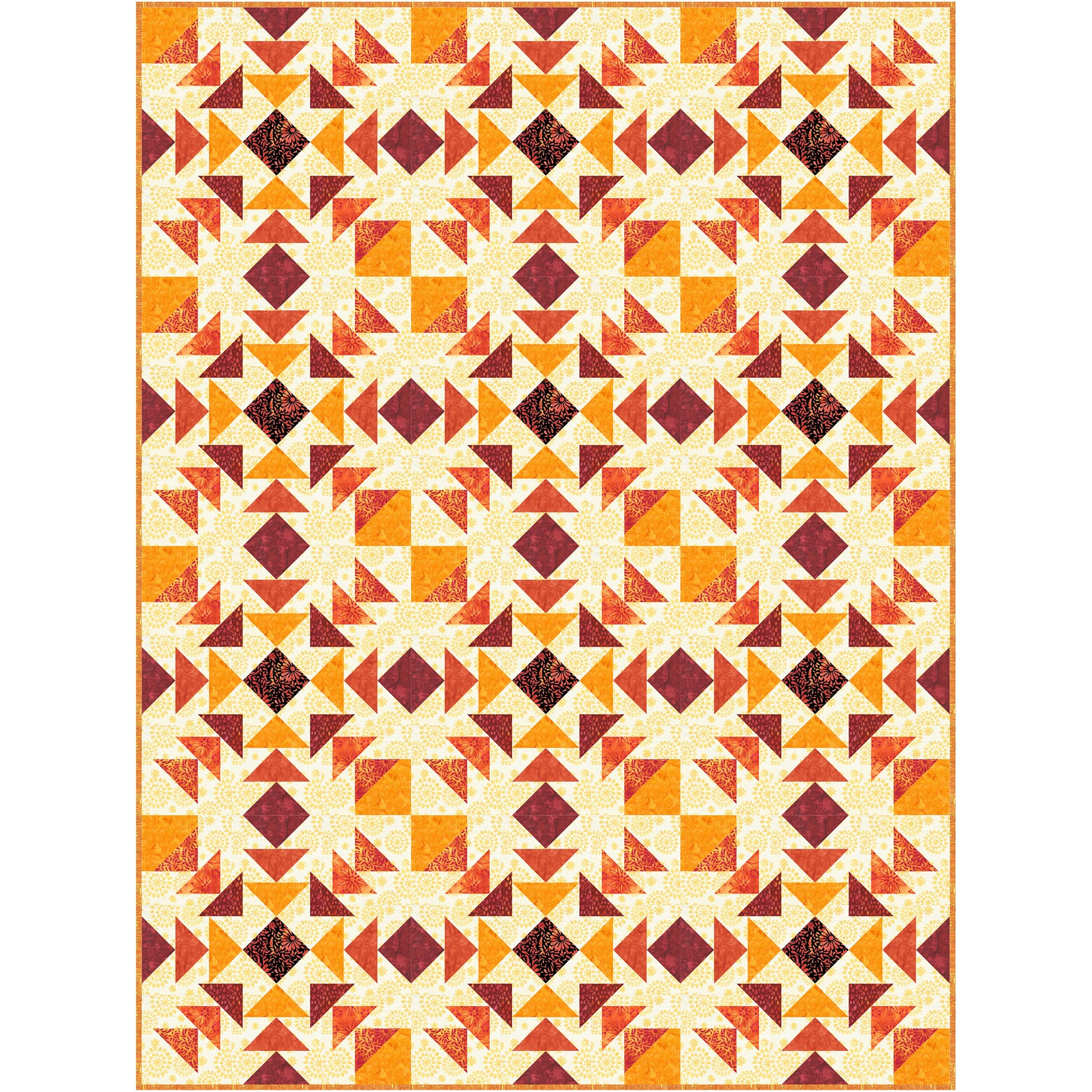 A vibrant quilt featuring a blend of orange, yellow, and brown colors in design of squares and diamonds.