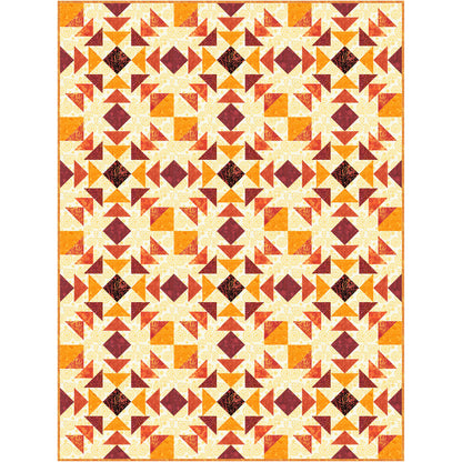 A vibrant quilt featuring a blend of orange, yellow, and brown colors in design of squares and diamonds.