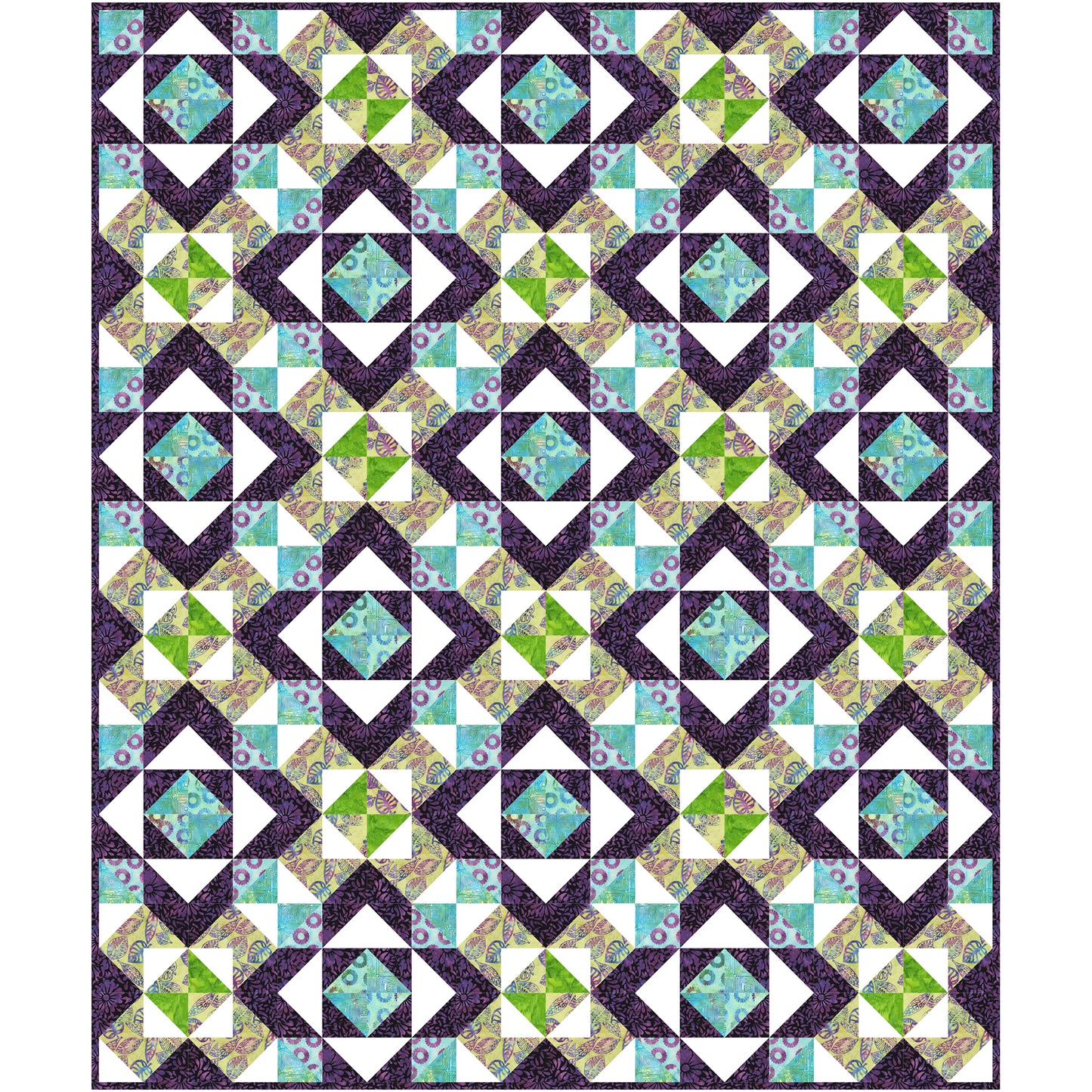 Beautiful quilt with diamonds inside diamonds and squares. So much to look at with this intricate design. Shown with white to help the colors of purple, blue and green pop.