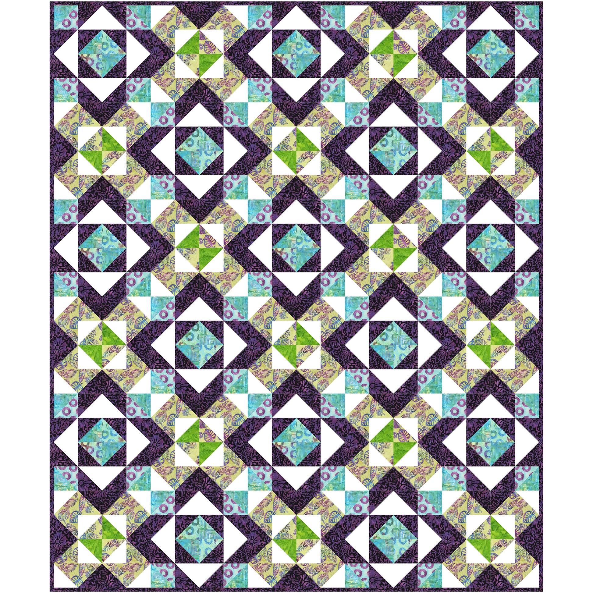 Beautiful quilt with diamonds inside diamonds and squares. So much to look at with this intricate design. Shown with white to help the colors of purple, blue and green pop.