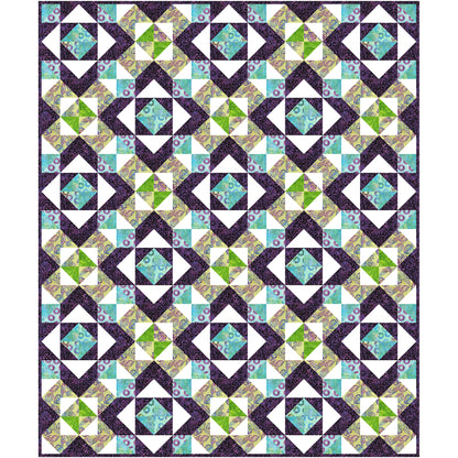 Beautiful quilt with diamonds inside diamonds and squares. So much to look at with this intricate design. Shown with white to help the colors of purple, blue and green pop.