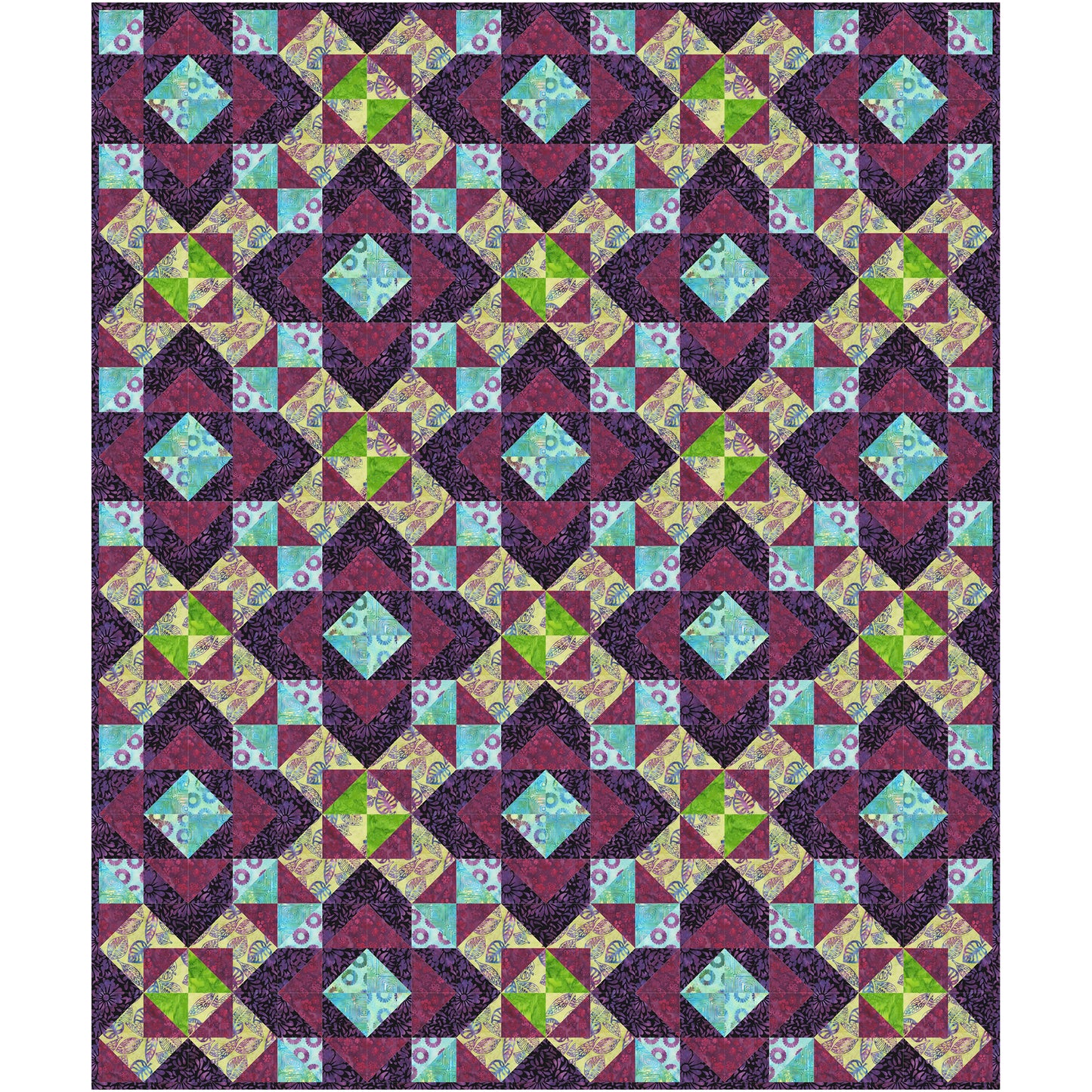 Beautiful quilt with diamonds inside diamonds and squares. So much to look at with this intricate design. Darker purples and red with some yellows and green.