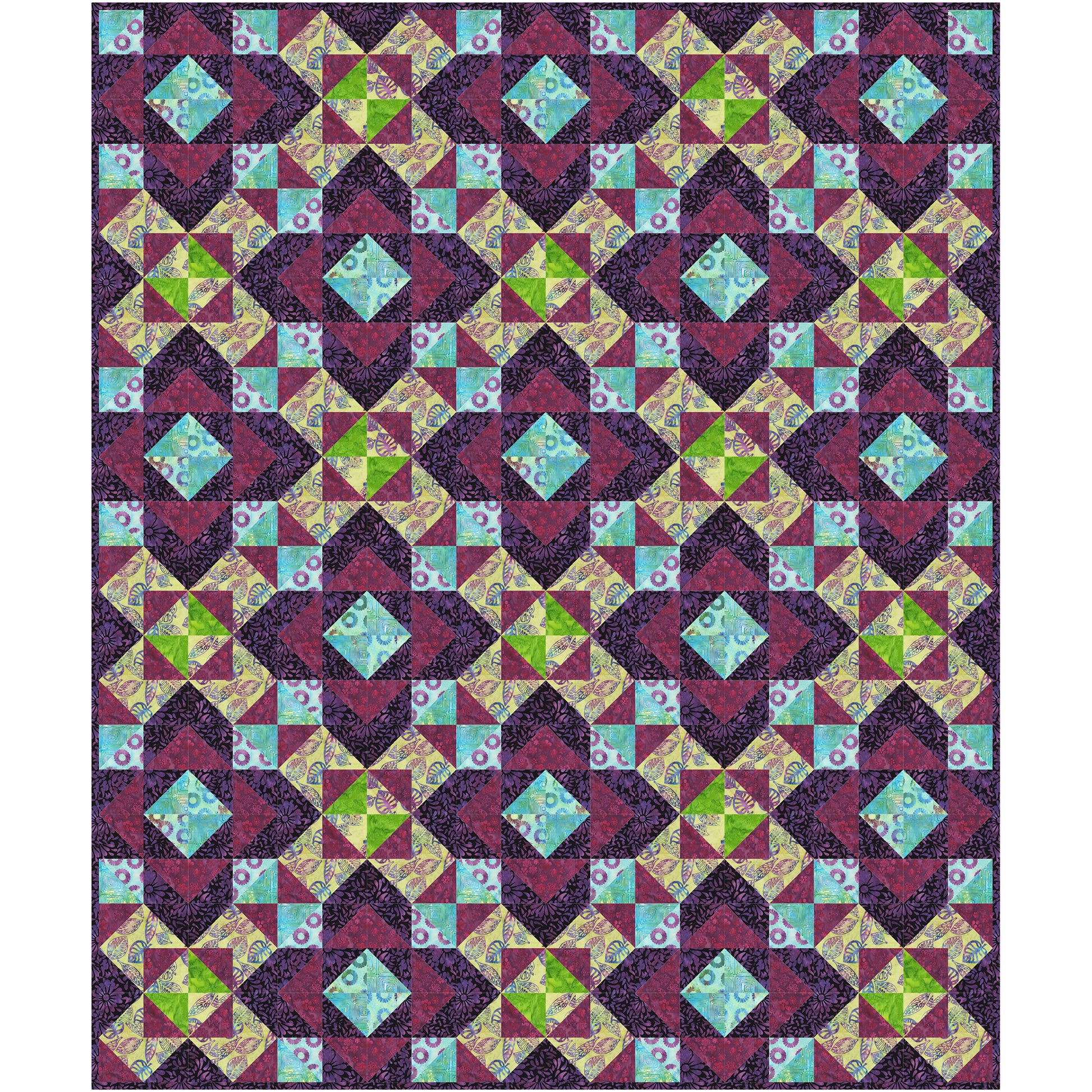 Beautiful quilt with diamonds inside diamonds and squares. So much to look at with this intricate design. Darker purples and red with some yellows and green.