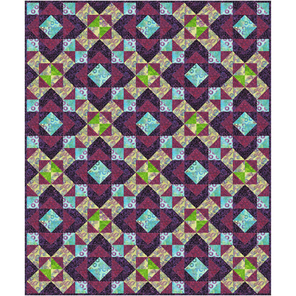 Beautiful quilt with diamonds inside diamonds and squares. So much to look at with this intricate design. Darker purples and red with some yellows and green.