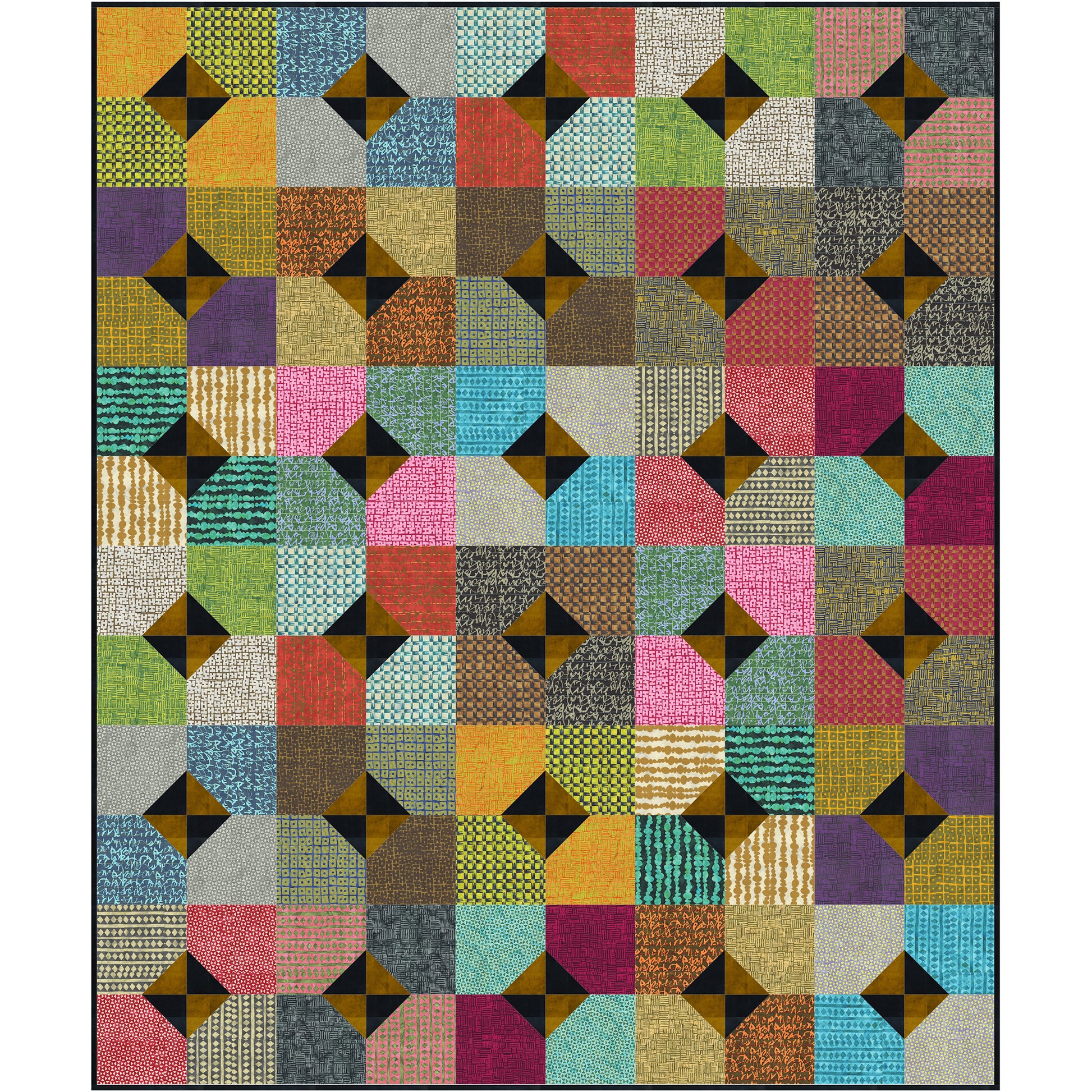 A striking patchwork quilt composed of colorful squares and triangles in rustic colors.