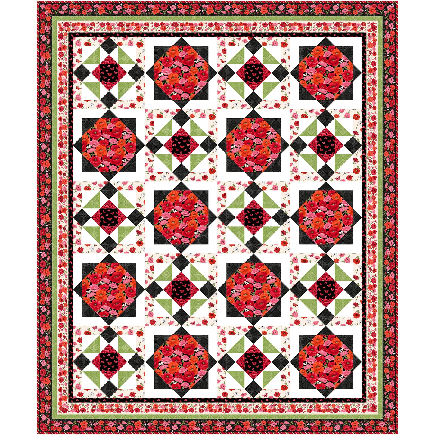 A striking red, black, and green diamonds on this beautiful quilt are meant to look like poppies in the spring.