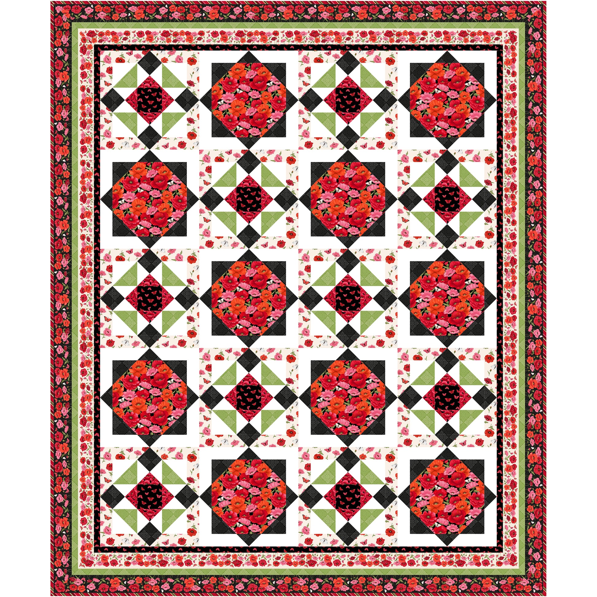 A striking red, black, and green diamonds on this beautiful quilt are meant to look like poppies in the spring.