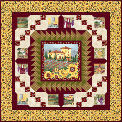 Beautiful quilt features a vineyard with sunflowers in the foreground.  Lots of pretty borders with more elements and sunflowers and vineyard images including the house, grapes and bottles of wine.