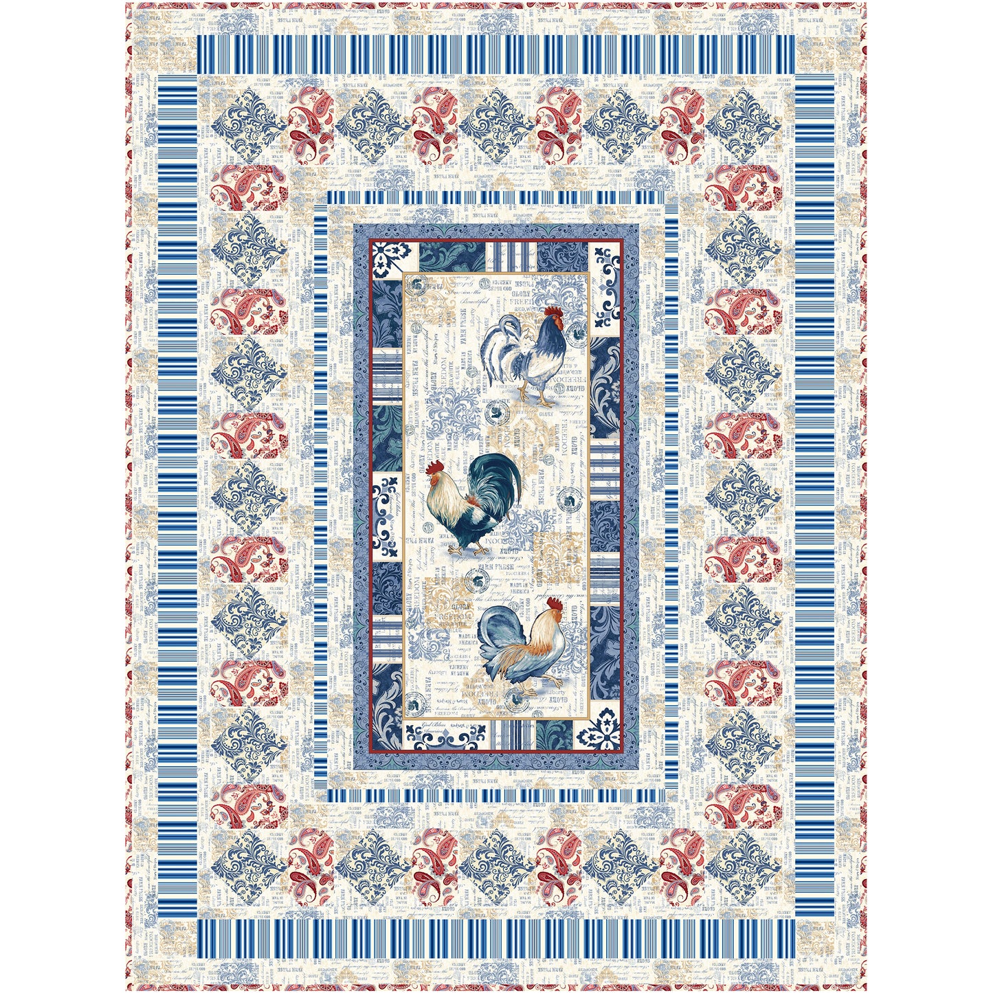 Blue and white quilt with red accents featuring a rooster design.