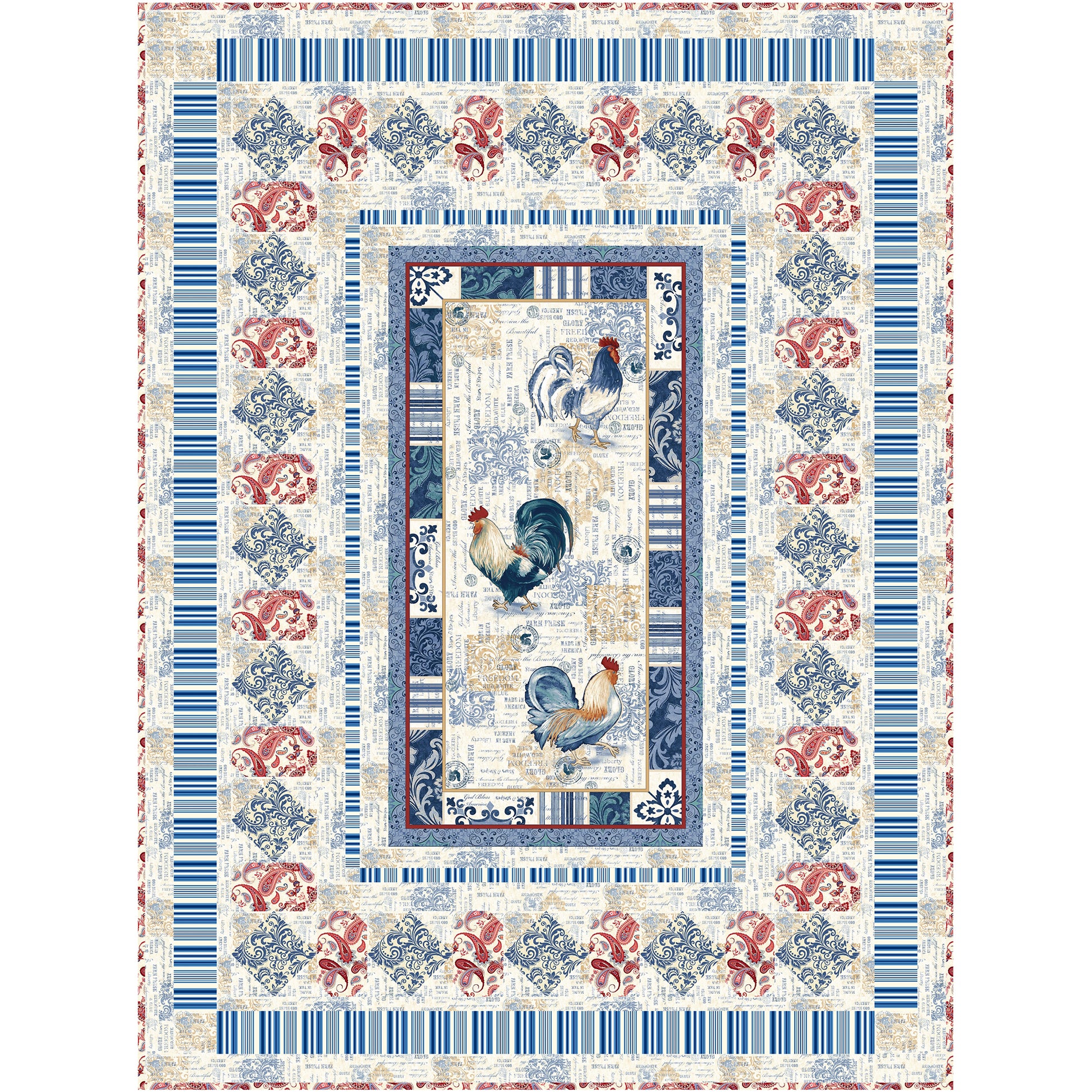 Blue and white quilt with red accents featuring a rooster design.