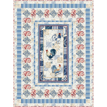 Blue and white quilt with red accents featuring a rooster design.