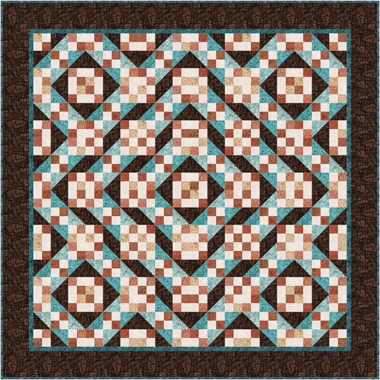 A colorful quilt with a square design featuring intricate patterns and vibrant colors in browns, creams, and teal.