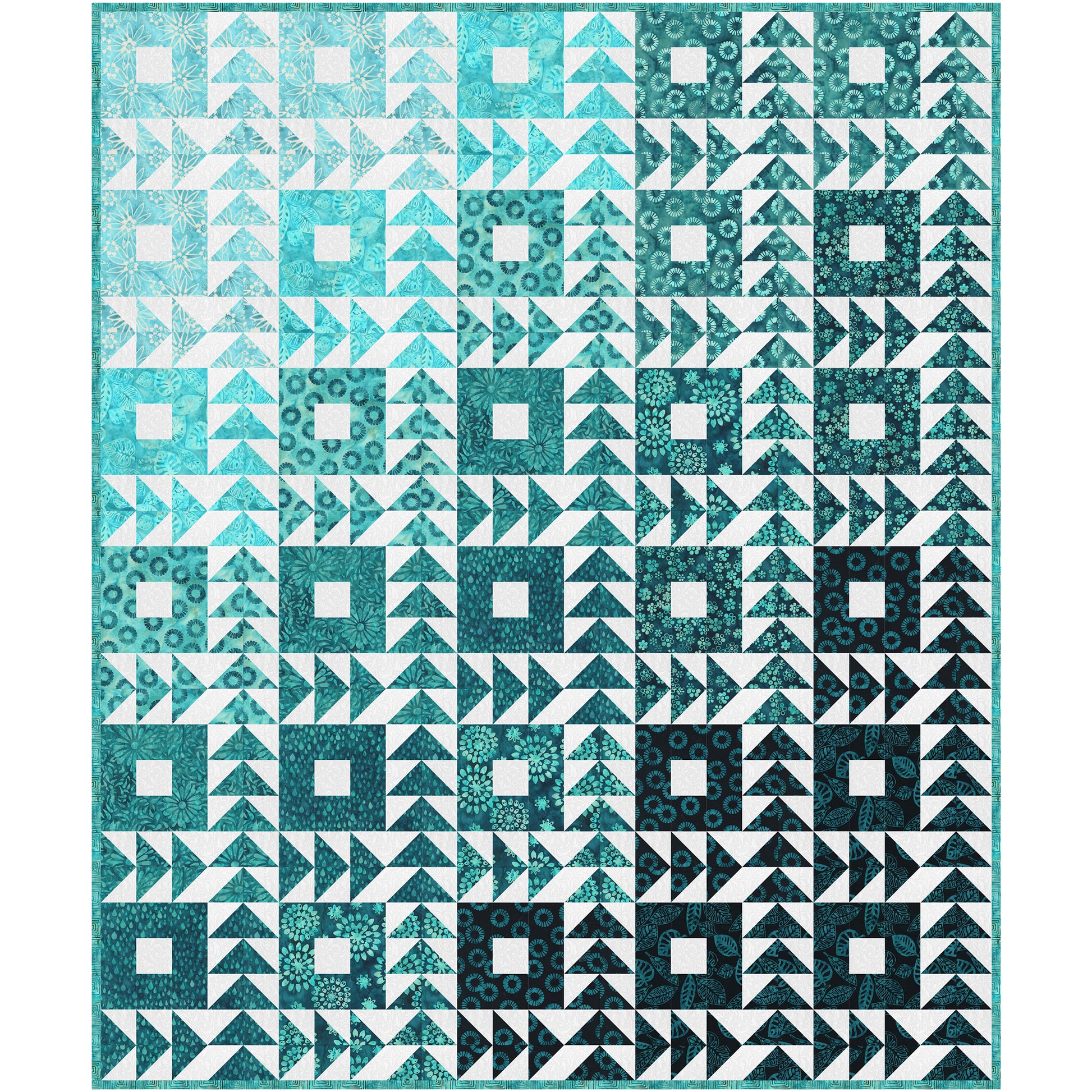 Beautiful quilt features blocks and flying geese between them with shades from lighter to darker blue/green/teal. The colors give it a calming affect. 