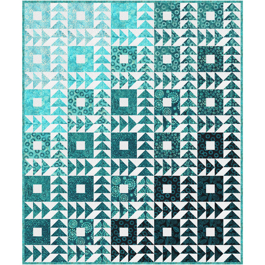 Beautiful quilt features blocks and flying geese between them with shades from lighter to darker blue/green/teal. The colors give it a calming affect. 