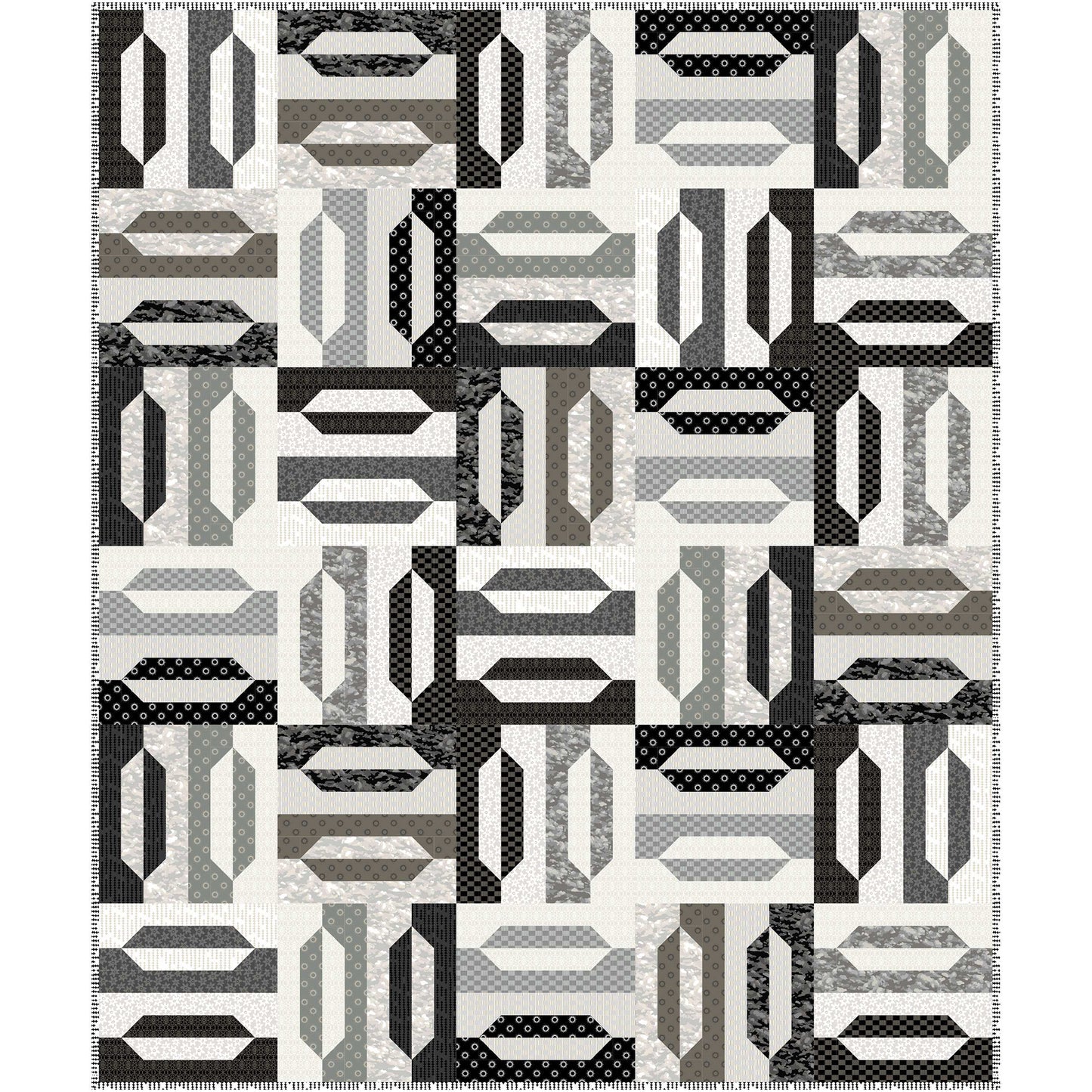 A black and white quilt displaying a variety of geometric shapes giving an elegant feel. With the black, white, and gray it looks elegant or maybe a zebra-like feel.