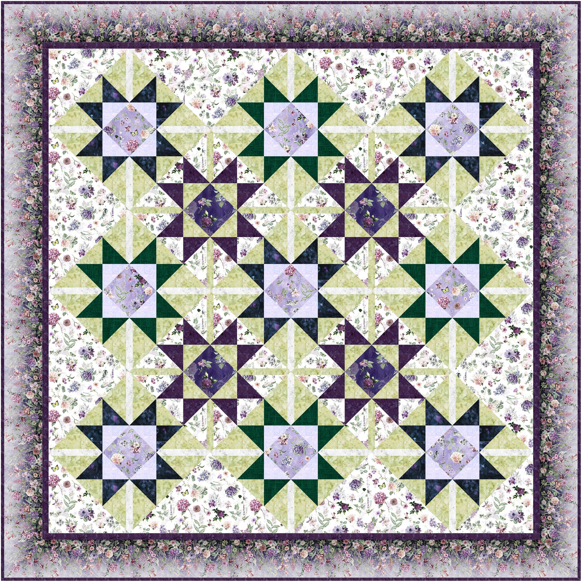 Vibrant quilt with purple and green floral stars with lattice look between each making it look like a flower garden.