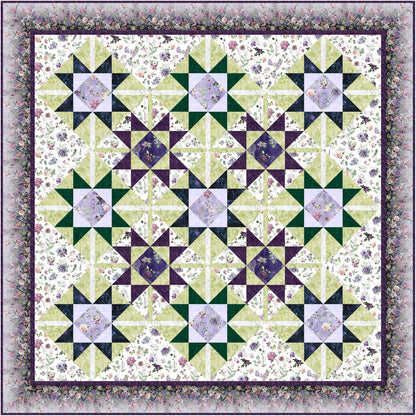 Vibrant quilt with purple and green floral stars with lattice look between each making it look like a flower garden.